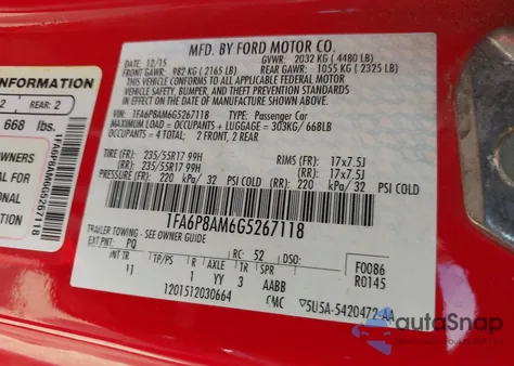 2016 Ford Mustang V6 from USA, damaged, VIN 1FA6P8AM6G5267118